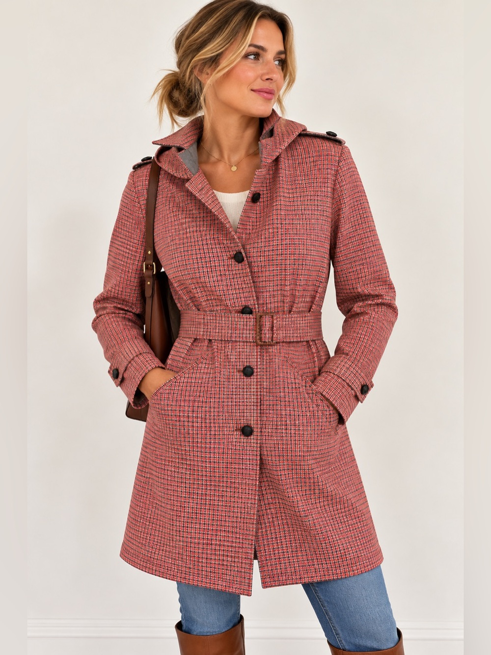Ben Sherman Women’s Red Houndstooth Wool Blend Belted Trench Coat Size M